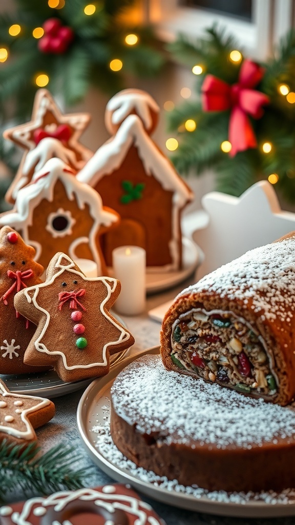 Traditional Christmas desserts including gingerbread cookies, fruitcake, and yule log on a festive table.